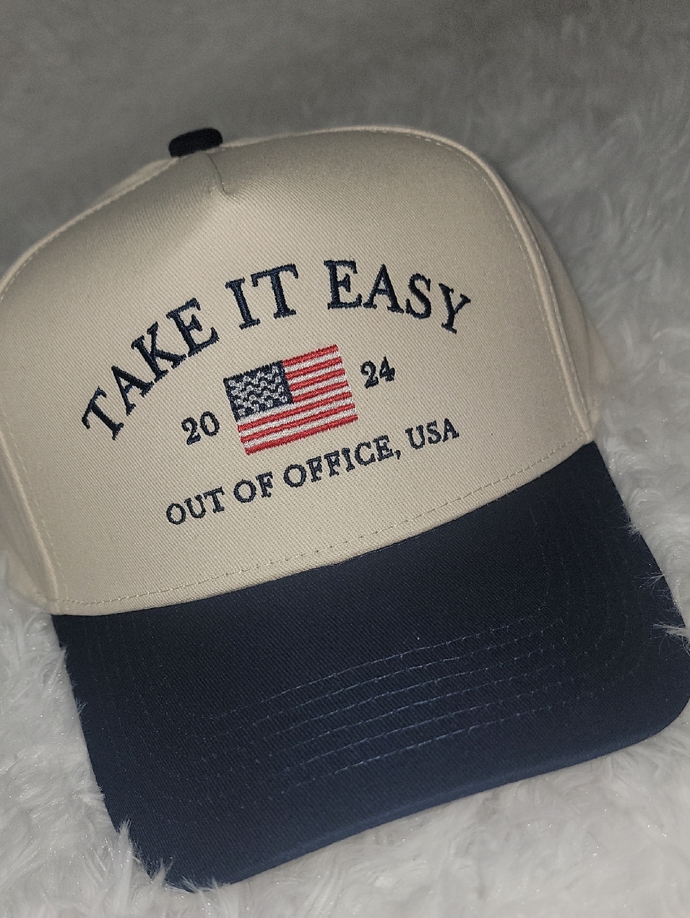 NWT As Revival Altar'd State Take It Easy Beige & Navy Trucker Hat with Flag.